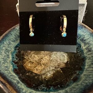 14K Solid Yellow Gold Turquoise Dangle Huggie Earrings